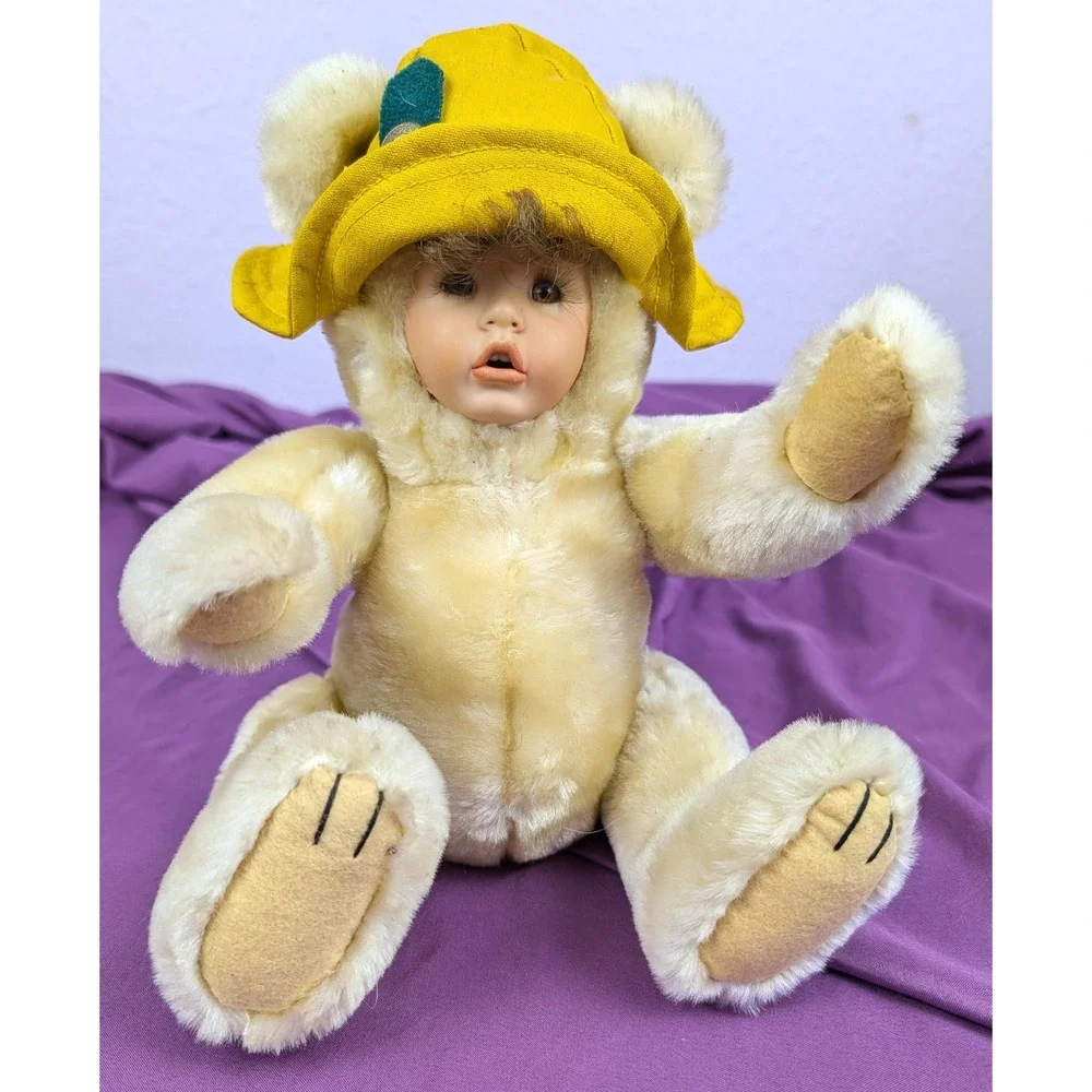 VTG 90s Plush Porcelain Human Faced Teddy Bear Hair Eyelashes Brass Button Hat